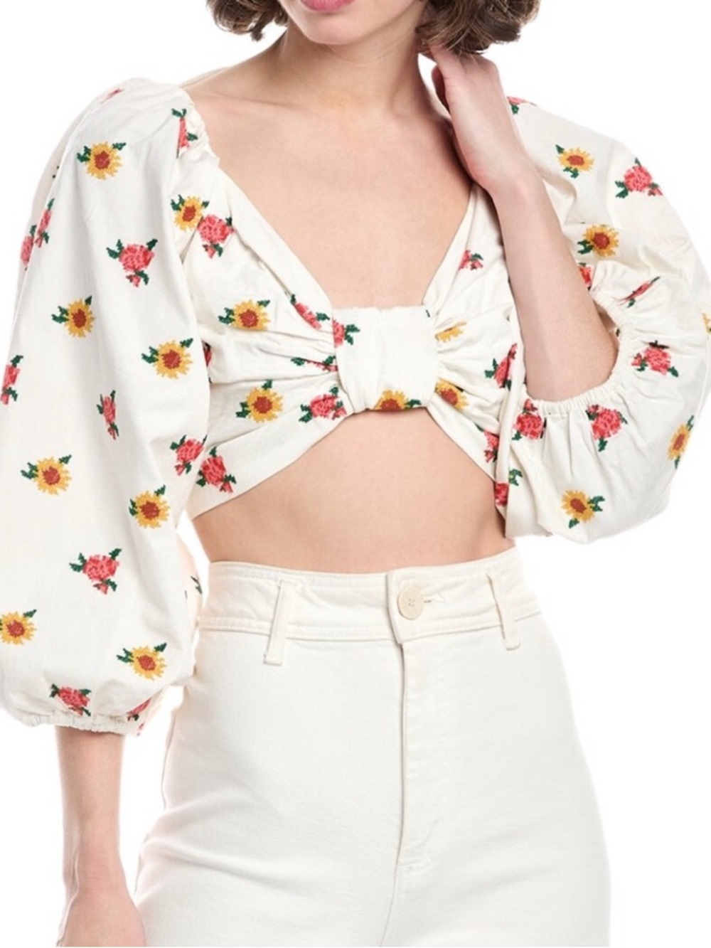 Farm Rio Cross Stitch Floral Tie-Front Puff Sleeve Crop Top - White